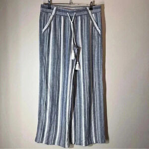 Jolt Women's Beach Boho Pants Linen Bland Wide Leg Blue White Stripe Size Large